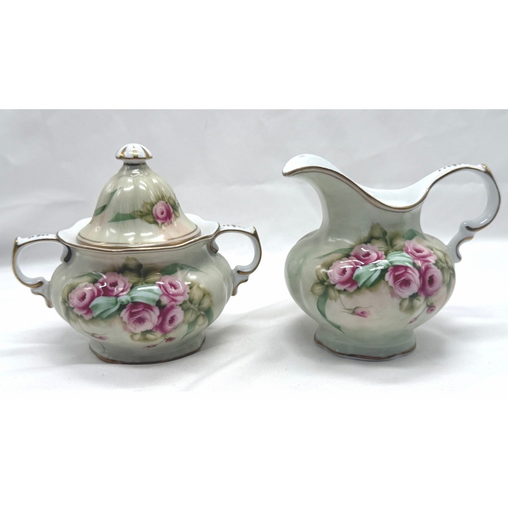 Vintage Betty Platner Hand Decorated Creamer and Sugar Bowl Set Rose-BEAUTIFUL!